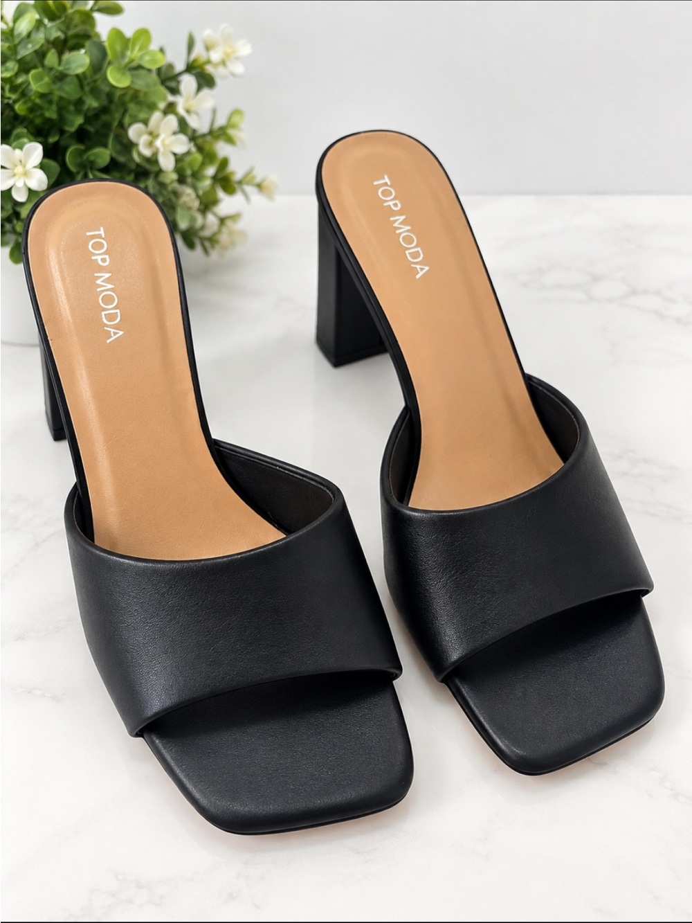 TOP Moda Black Slide Mules with Square Toe